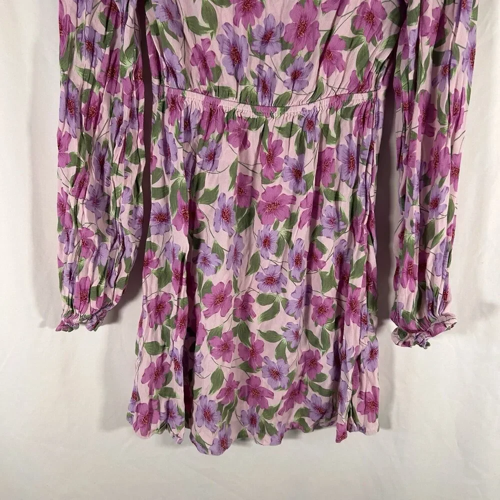 Gianni Bini Mini Dress Women's XS Pink Floral Vneck Long Sleeve Pullover